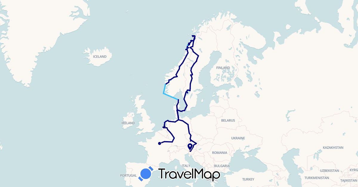TravelMap itinerary: driving, boat in Austria, Czech Republic, Germany, Denmark, France, Netherlands, Norway, Sweden, Slovenia (Europe)